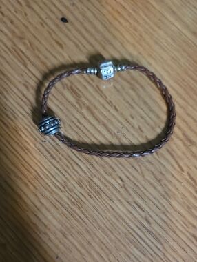 Pandora Brown Braided Leather Bracelet with Silver Accent Beads